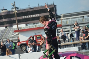 Matthew Davey dedicates his win to his late grandmother Saturday after taking the checkered flag in the Allison Legacy Race Series event at Rockingham Speedway&#039;s open house. See more photos on the RO&#039;s Facebook page.