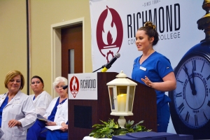 Nursing Assistant student Caroline Walker was a guest speaker at the Pinning Ceremony held for students completing the program at Richmond Community College. Walker is a Richmond Senior High School student dually enrolled at RichmondCC.