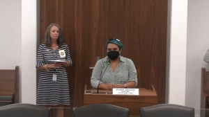  Lekha Shupeck, N.C. state director of All On The Line, testifying during an Aug. 10, 2021, redistricting hearing.