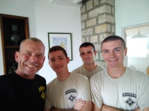 Getting ready to go for a nice run up Utah Beach on the first morning that the group woke up in France. Raiders ran over two-and-a-half miles south along the beach, stopped and did a bunch of push-ups, and then ran back. What a great way to acclimatize. Left to right: Jon Ring, Jordan Ballow, Billy Wilson, and Chason Wilson
