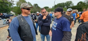 Rockingham Police Officer Lee Bailey, Laurinburg Police Officer Chris Jackson and Hamlet biker Jamie Watson discuss the route for the Back the Blue Ride spanning Richmond and Scotland counties. See more photos and video on the RO&#039;s Facebook page.