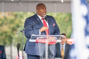 Lt. Gov. Mark Robinson speaks to the crowd at the “Stand Up for America” rally on Friday, Oct. 29, 2021 in Raleigh. 