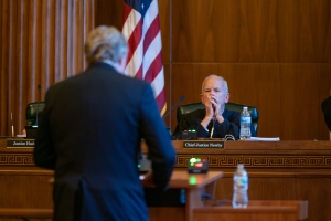  N.C. Supreme Court Chief Justice Paul Newby listens as attorney Paul &quot;Skip&quot; Stam argues before the court on Nov. 9, 2021.