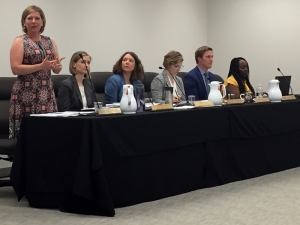 Karen Brinson Bell, left, attends her first meeting as executive director of the State Board of Elections in June 2019.