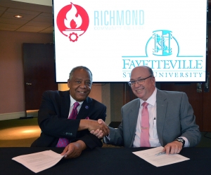  Dr. James A. Anderson, chancellor of Fayetteville State University, and Dr. Dale McInnis, president of Richmond Community College, recently signed an articulation agreement that will make earning a bachelor’s degree in accounting more affordable and accessible.