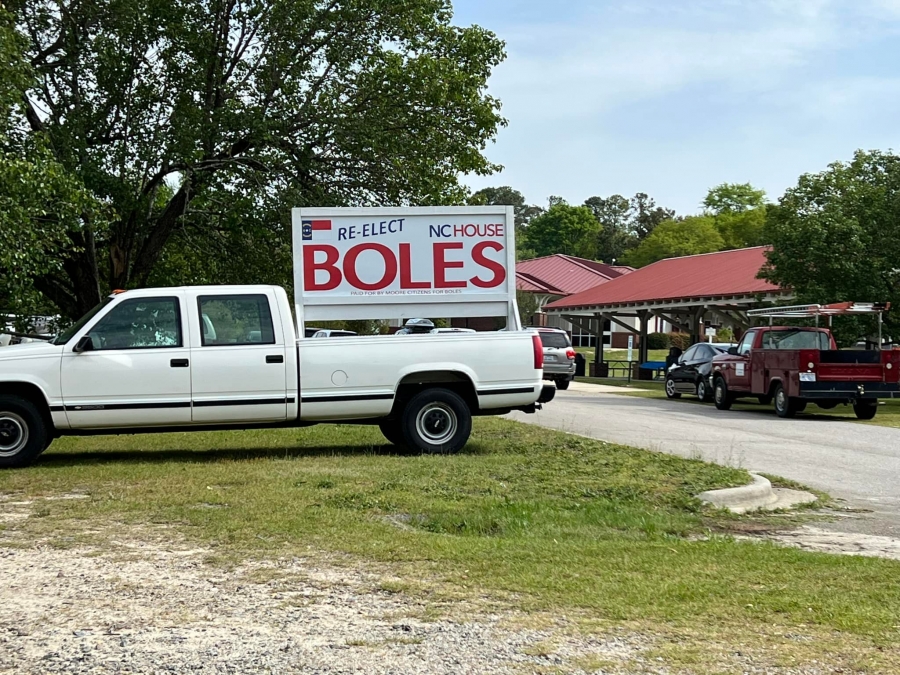 A truck carrying a campaign sign for Rep. Jamie Boles was reportedly stolen from the Rockingham Walmart sometime between Saturday and Tuesday.