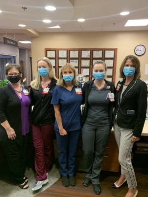 From left: Deana Kearns, MSN, R.N., Administrative Director for Clinical Practice and Corporate Education; Jessica Maloy, BSN, R.N., CCRN-CSC, nurse manager, ISU; Angie Stone, MSN, R.N., CV-BC, director of inpatient cardiovascular services; Brittany High, R.N.; Jacklynn Lesniak, DNP, MS, R.N., NEA-BC, chief nursing officer and vice president of patient care services.