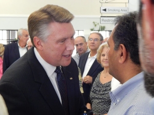 Dr. Mark Harris (left) meeting voters at campaign stop in 2016.