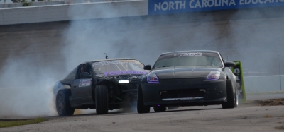 Drew Riggins of Burlington, front, and Joe Love of Myrtle Beach go head to head for the top spot in the first round of the MB Drift competition May 22 at Rockingham Speedway. See more photos from the weekend on the RO&#039;s Facebook page.