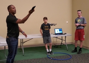 STEM instructor Jeff Epps records a drone flight programmed by Knox Layton and Carson Hadinger during a camp at Richmond Community College. Watch the entire flight in a video on the RO&#039;s Facebook page.