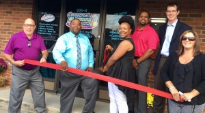 Pictured Left to Right: Ken Hartley, Vice Chair of RC Chamber; Ronnie Covington, husband; Keisha Covington, owner; Reese Bostic, owner of J-Reese Products; John Hutchinson, Mayor Pro Tem of Rockingham, and Emily Tucker, President of Richmond County Chamber.