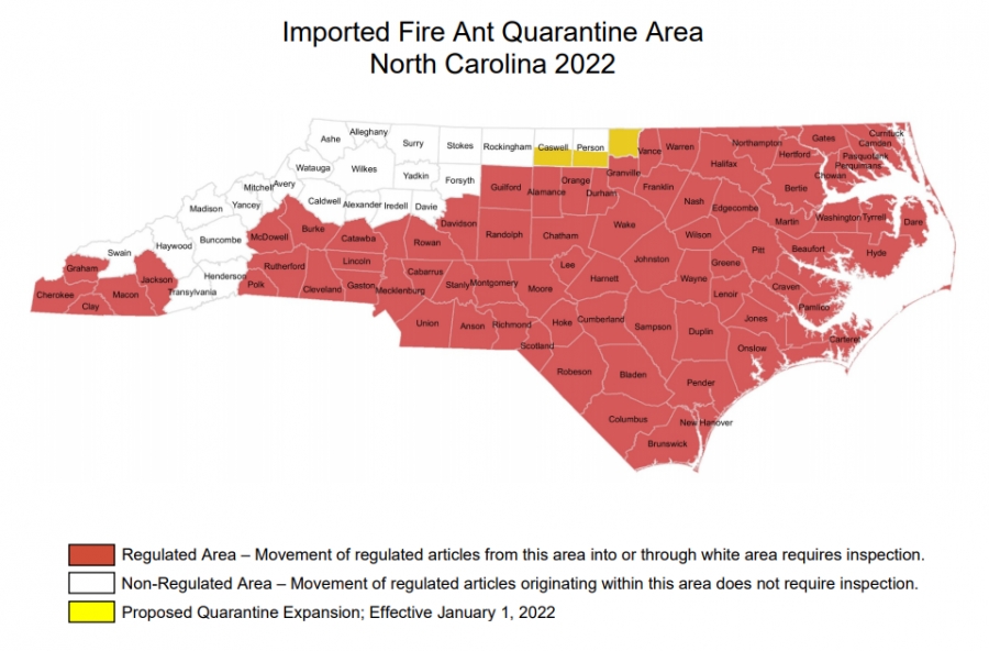Quarantine area for imported fire ant expanding to include all of Granville County and portions of Caswell and Person counties