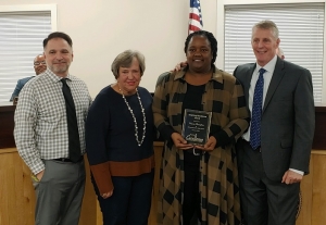Maria Douglas was recognized last week as one of three Inspiring Excellence Award winners. Pictured, from left: Richmond Senior High Principal Jim Butler, School Board member Bobbie Sue Ormsby, Douglas, Superintendent Dr. Jeff Maples.