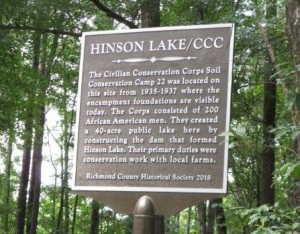 One of two plaques recently erected by the Richmond County Historical Society recognizes the contribution of the Civilian Conservation Corps and the work at Hinson Lake in Rockingham. The other honors former N.C. Supreme Court Justice Henry Frye in his hometown of Ellerbe.
