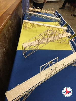 Model wooden bridges are displayed March 15 during the regional competition at the NCDOT headquarters auditorium in Raleigh.