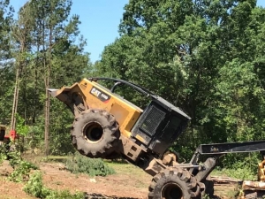 A skidder tries to pick up to heavy of a load.