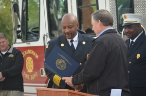 Rockingham Fire Chief Harold Isler accepts the department&#039;s new rating from state Insurance Commissioner Mike Causey on April 14. See more photos at the RO&#039;s Facebook page.