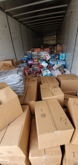 Food, water and other supplies sit in the back of a trailer ready to be hauled to Kentucky to help recent tornado victims.