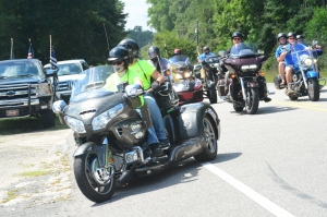 A group of bikers pull into the Hide-A-Way Tavern in Rockingham, after driving from Laurinburg, for the second annual Back the Blue Ride. See more photos at the RO&#039;s Facebook page.