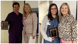 Left: Philip Mondi, M.D. and Christy Land, MSN, R.N., president of the Southern region and administrator of Moore Regional Hospital-Richmond. Right: Michelle Trexler, AGNP and Christy Land, MSN, R.N., president of the Southern region and administrator of Moore Regional Hospital-Richmond