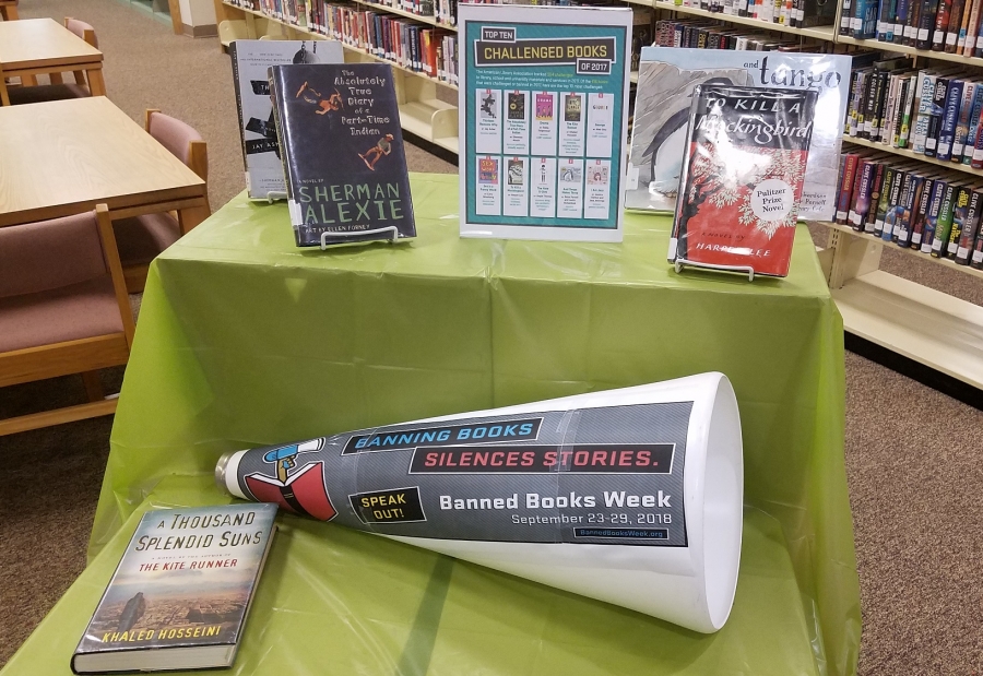 A display of the most challenged books of 2017 are displayed at Leath Memorial Library in Rockingham for Banned Books Week.
