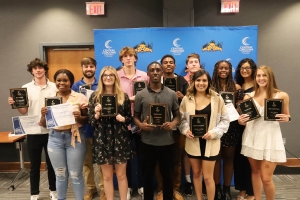Central Carolina Community College athletic award recipients include, left to right: first row, Pristina Tabon, Tessa Wisniewski, Alijah Miles, Felisha Chavez, and Anna Smith; second row, Kyle Howarth, Cole McBurnett, Tucker Moore, Montell Moore, Derek Gardner, Asia Waiters, and Kayle Mejia. Award recipients not pictured include Wesley Case, Preston Cox, Britt Lehman, Demarcus McLaurin, Noah Ritch, and Bonnie Thompson. 