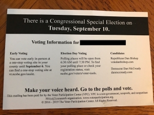 The Voter Participation Center sent out more than 180,000 of these postcards and letters for Get-Out-the-Vote efforts, which only list the two major party candidates in the 9th Congressional District race.