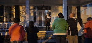 Scott Tomestic, an investigator with Pee Dee Region Paranormal, tells a group of the history and hauntings at the Leak-Wall House during the Hometown Ghouls ghost tour Sunday evening.