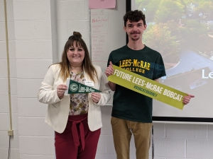 Dawson Leviner stands with Lees-McRae College Admissions Counselor Brandy Banner. Leviner will be transferring to Lees-McRae  to pursue his bachelor’s degree in Human Services.