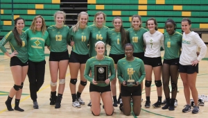 The Lady Raiders pose with their regular season and SAC tournament championship trophies. Pictured standing left to right: Mackenzie Webb, head coach Shellie Wimpey, Altman Griffin, Brianna Baysek, Owen Bowers, Jadyn Johnson, Savannah Chappell, Layne Maultsby, Allexis Swiney and assistant coach Ashleigh Larsen. Kneeling left to right: Savannah Lampley and Amia Pemberton.  