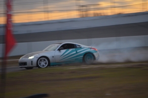 Joseph Busam, winner of MB Drift&#039;s 2021 competition, slides around the Rockingham Speedway road course near sunset in November.