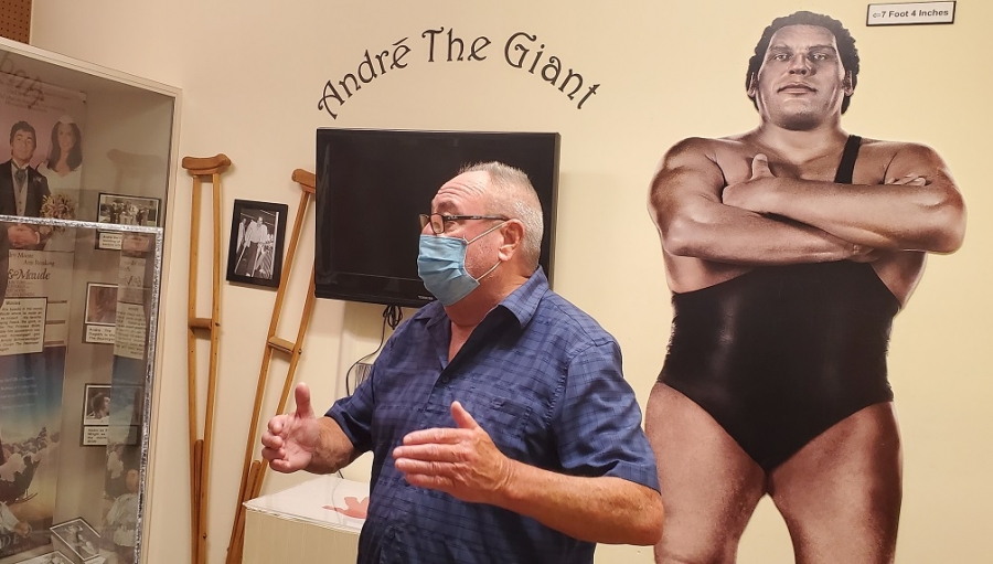 Former WWE referee Tim White talks about his time traveling with Andre the Giant during a visit to the exhibit at the Rankin Museum of American Heritage in Ellerbe on July 29.