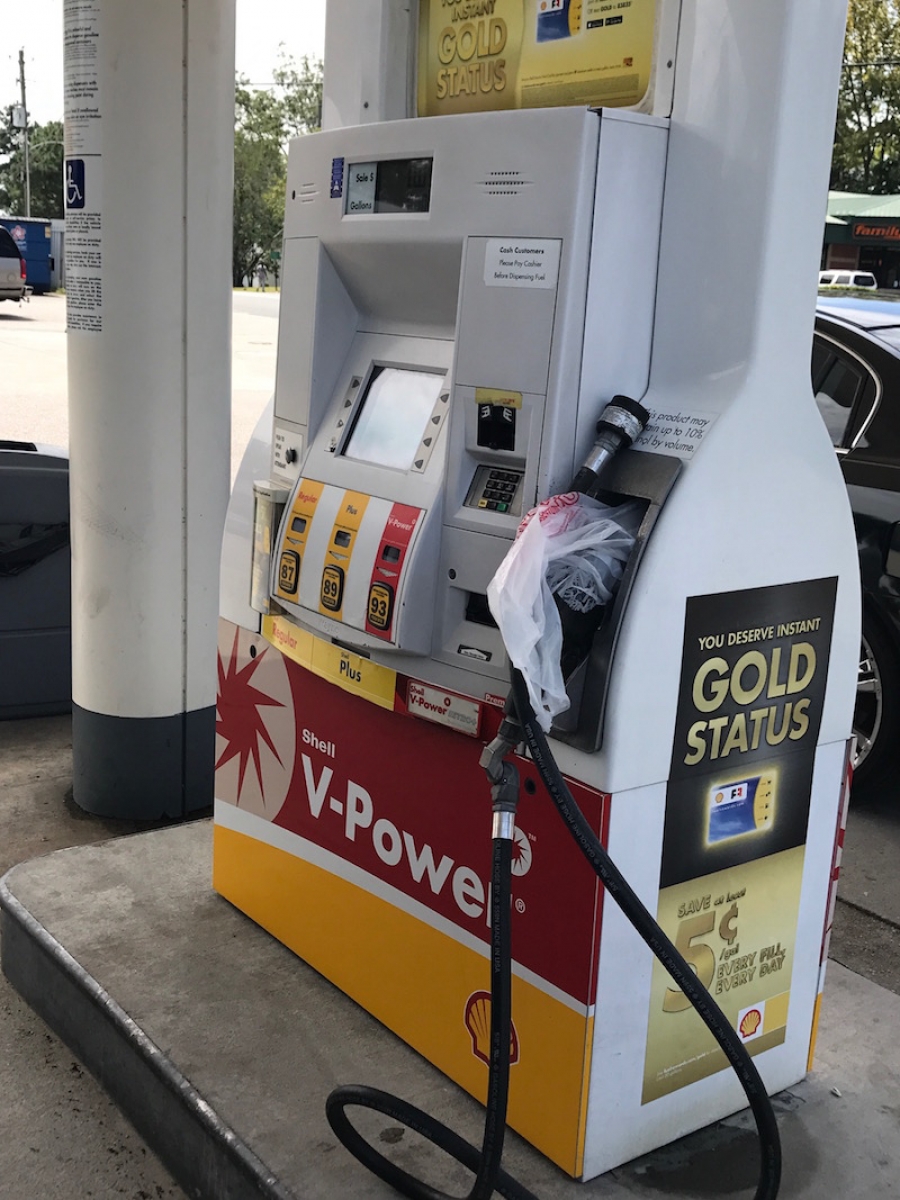 A gas pump at the Shell Station on Long Drive and US 1 in Rockingham is covered. Several local filling stations are a facing a shortage in the wake pipeline shutdowns.
