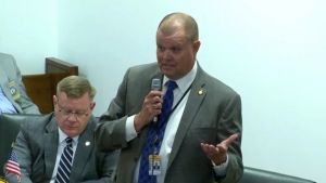 Rep. Charles Miller, R-Brunswick, speaking on an anti-rioting bill as House Speaker Tim Moore, R-Cleveland, listens.